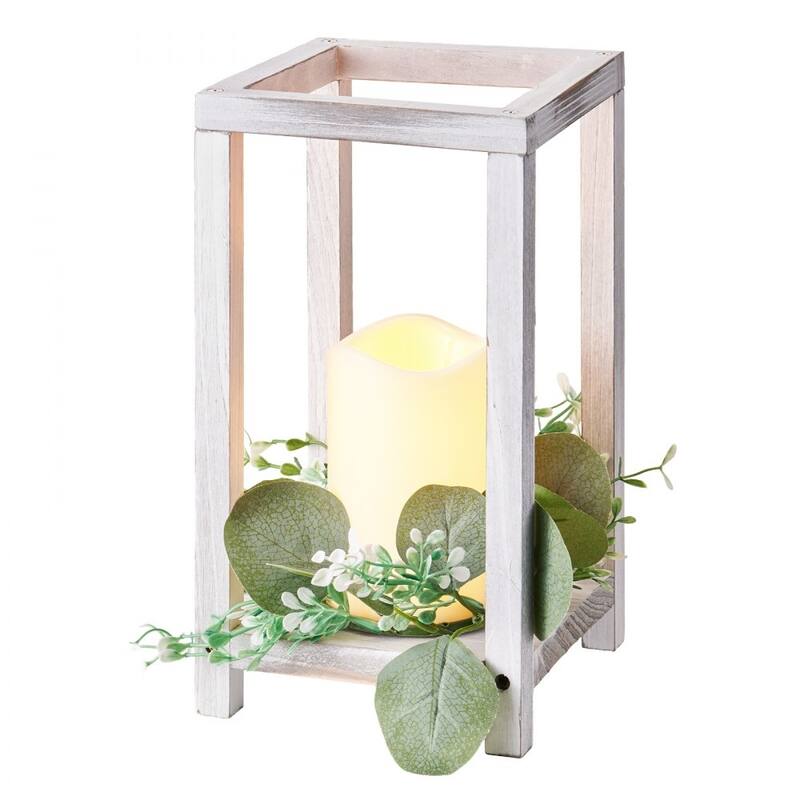 Wooden Wedding Lantern Set with LED Candles and Eucalyptus Wreath Rustic Cedar Table