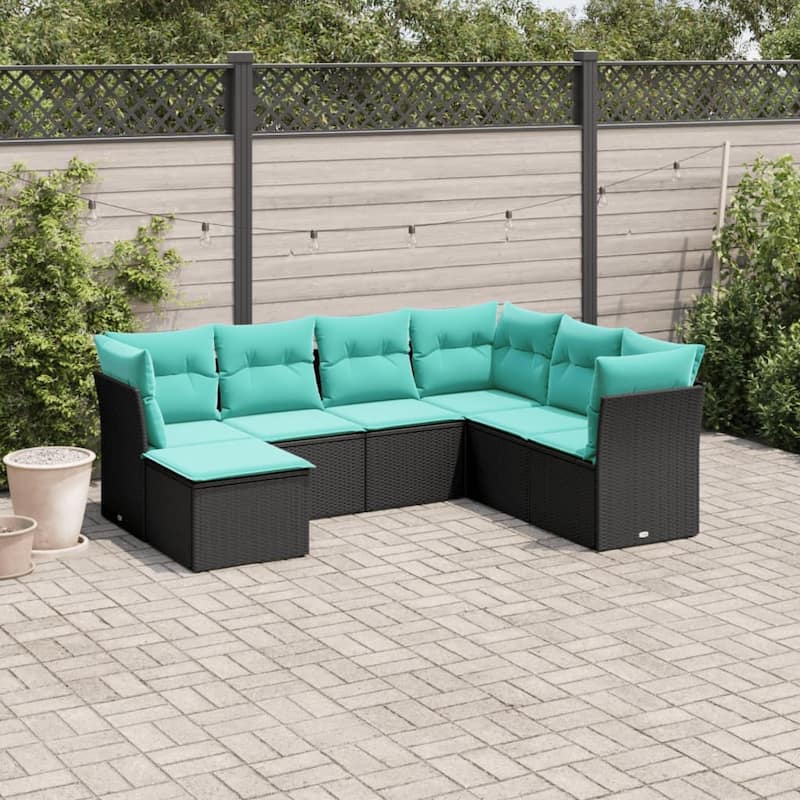 vidaXL 7 Piece Patio Sofa Set with Cushions Black Poly Rattan - 92.1x27.2x70.5-Without table