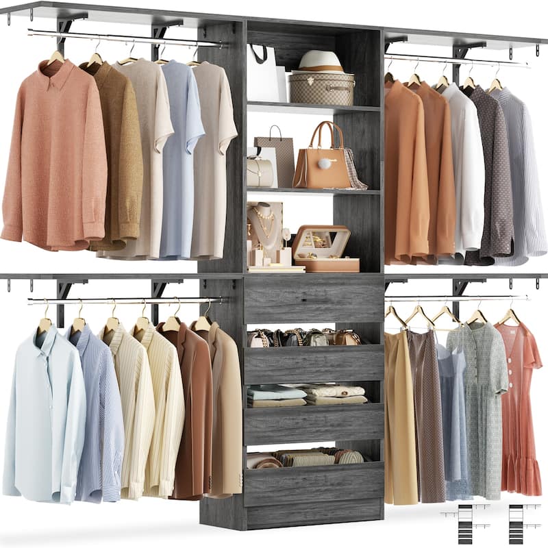 Rackcog 96'' Closet System with 4 Drawers and 4 Hanging Rods, 8FT Wood Closet Organizer for Walk-in Closet