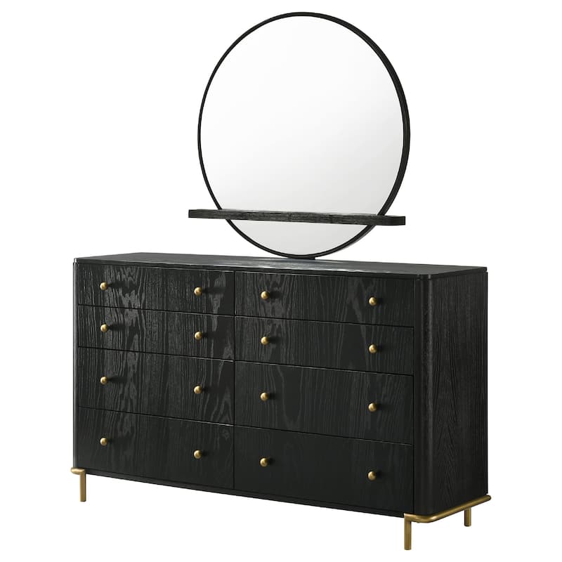 Fij Wide Dresser with Mirror, 8 Drawers, Black Wood Frame, Brass Knobs