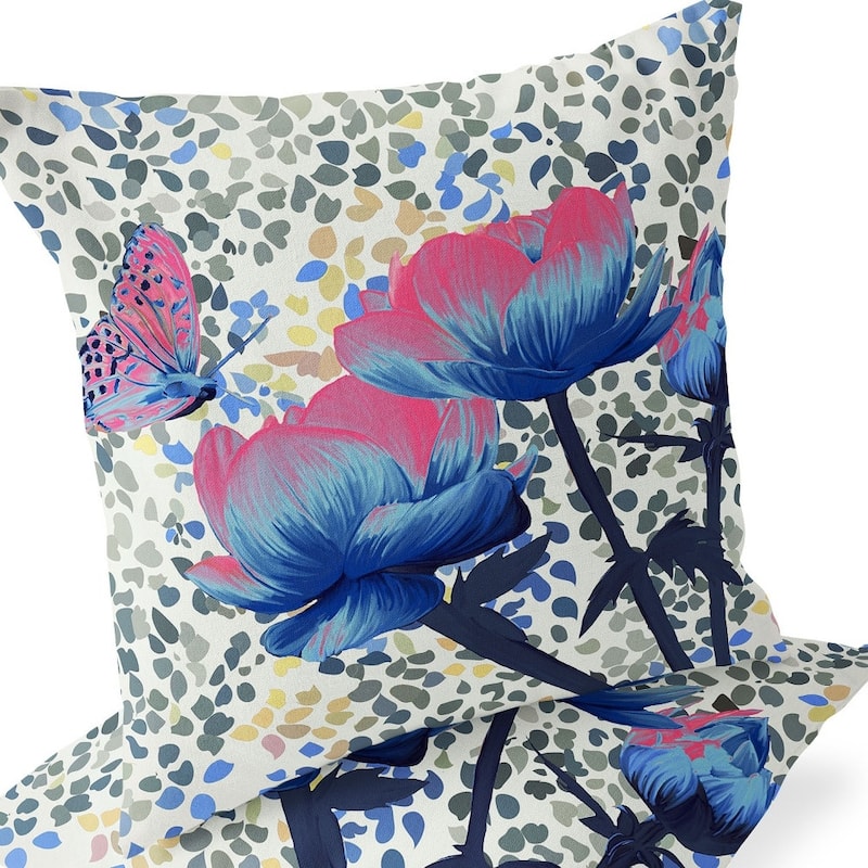 HomeRoots Set of Two 16" X 16" Blue and Pink Butterfly Blown Seam Floral Indoor Outdoor Throw Pillow - 16.00' X '16.00' X '5.00