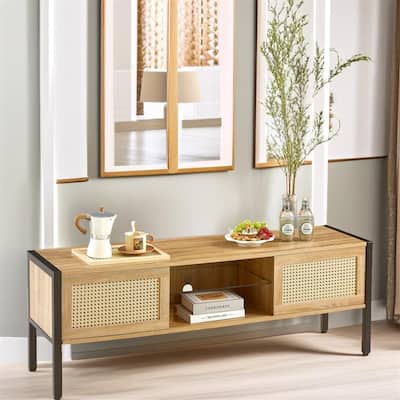 54.33" Rattan TV Console with Sliding Doors and Adjustable Shelf - 54 inches in width