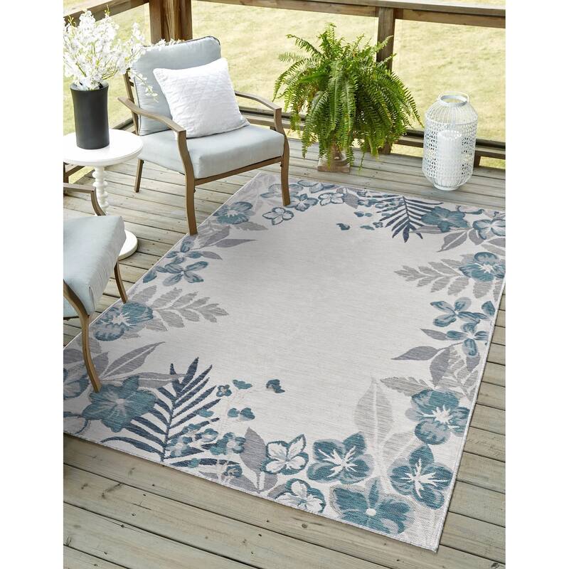 Domani Novarro Coastal Floral Bordered Reversible Indoor / Outdoor Area Rug