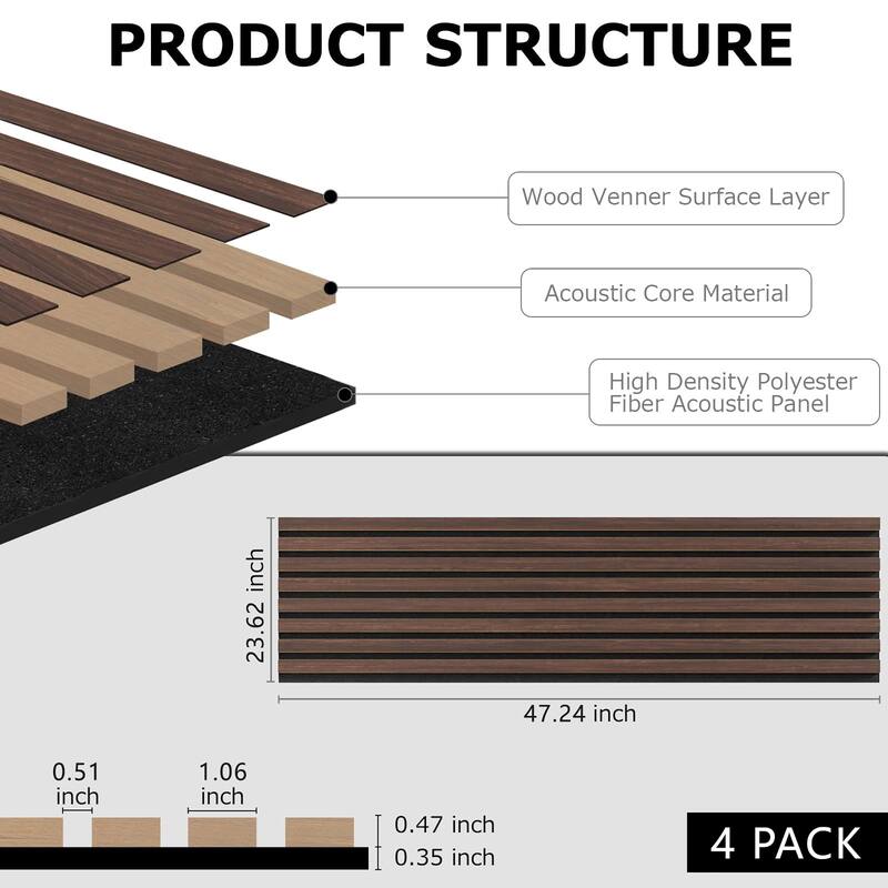 47" x 23" Modern Decor Polyester Grating Wood Acoustic Slat Panels Wall Paneling (Set of 4)
