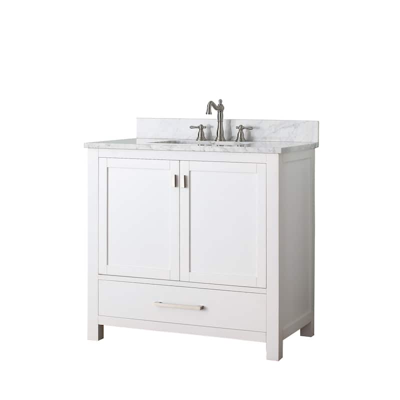 Modero 36 in. Single Sink Bathroom Vanity in White with Carrara Marble Top - 37"W x 22"D x 35"H