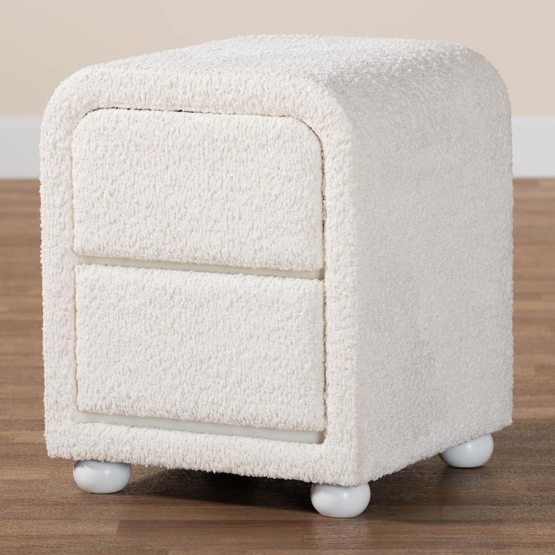 Bonilla Modern White Teddy-Bear Fabric and Rubberwood 2-Drawer Nightstand