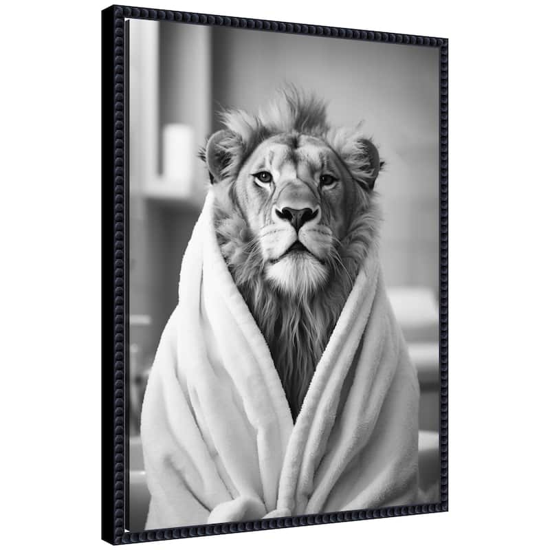 Kate and Laurel Sylvie Lion Bathroom Art Towel Robe Black and White Framed Canvas by The Creative Bunch Studio - 18x24 - Black