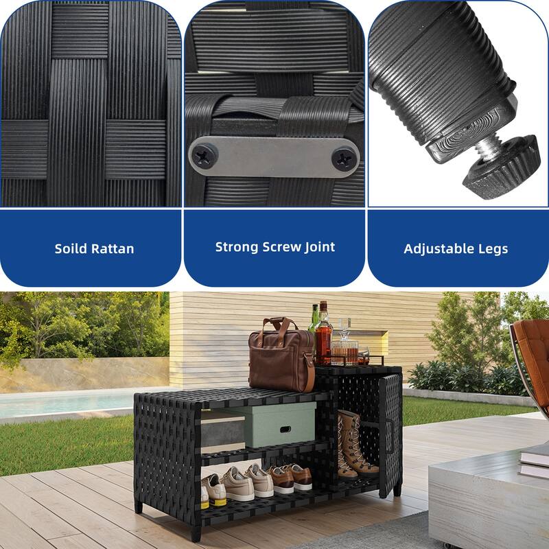 All-Weather Woven Outdoor Shoe Cabinet with 2 Shelfs and Doors, Patio PE Rattan Storage Cabients with Bench