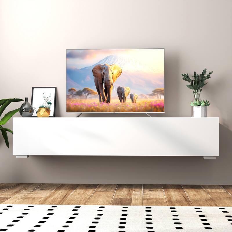 Anmytek Glossy White TV Stand Wall Mount Floating Console Modern Media Storage Cabinet