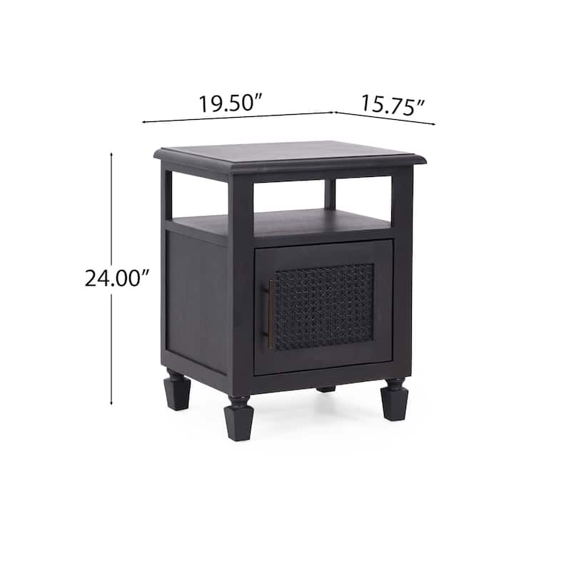 Roomfitters Modern Wood Nightstand with Open Shelf and Cabinet, Accent Side Table with Textured Door and Brass Handle, Dark Grey
