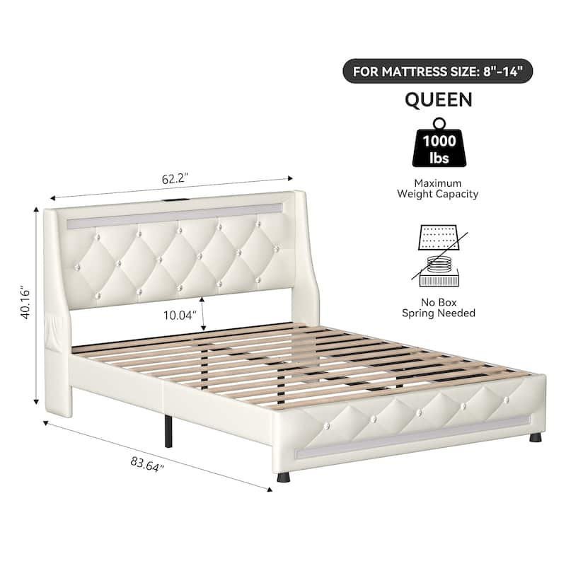 Queen Bed Frame with Headboard,Upholstered Platform Bed Frame Full Size with Charging Station & LED Lights,Wooden Slats Support