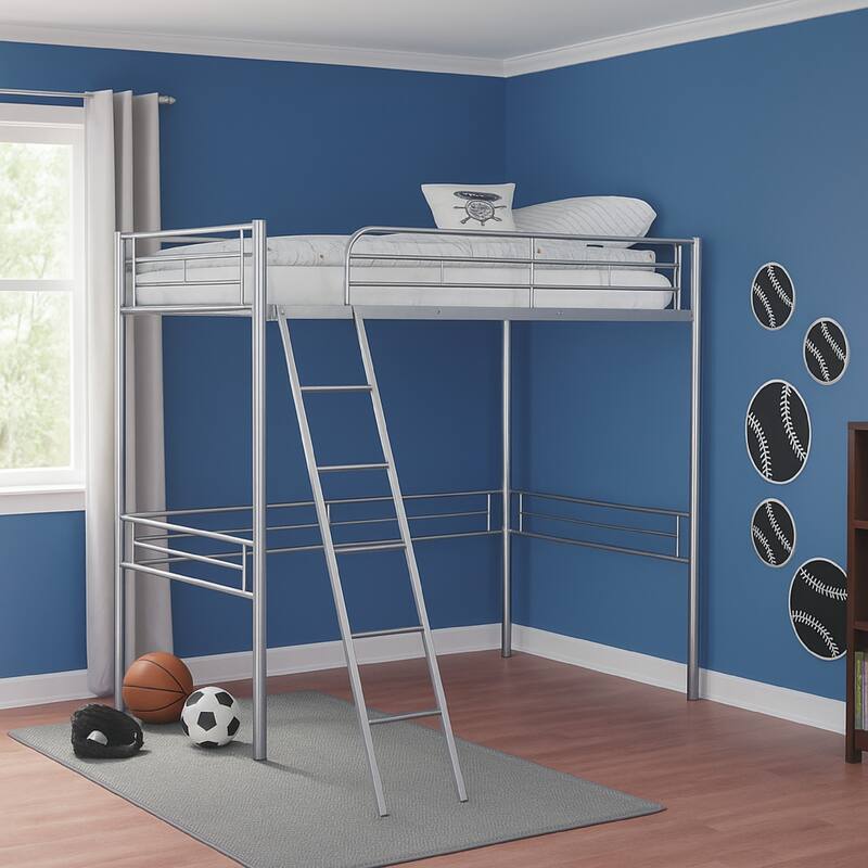 Mylz Twin Loft Bed, Silver Metal Frame with Attached Angled Ladder