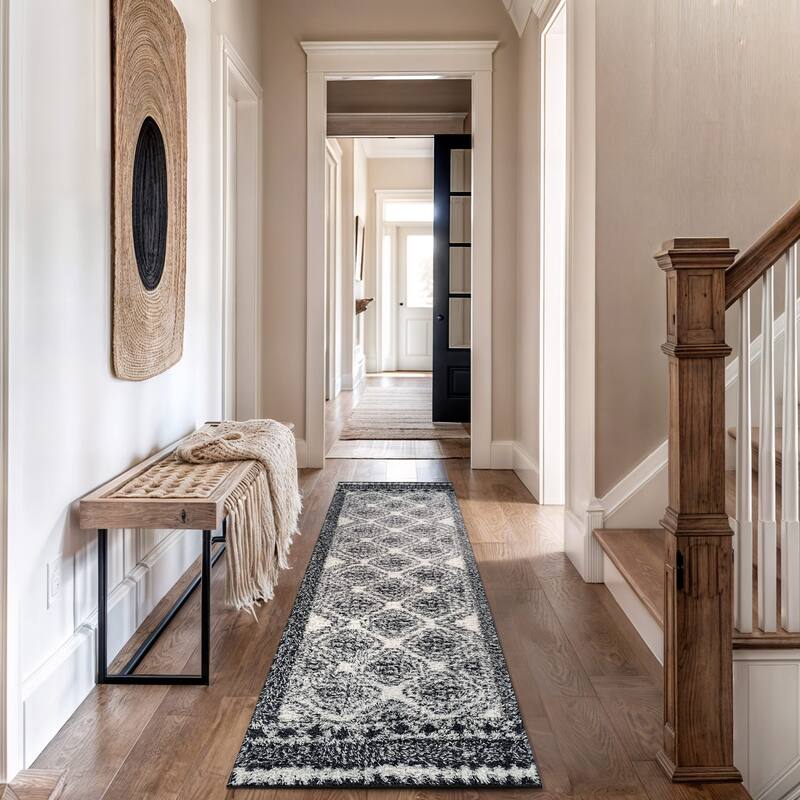 Geometric Shag Rug - Anthracite Dark Gray - Durable Rug for Living Room, Bedroom, or Entryway - Easy to Maintain - White - 2' 3" x 8'