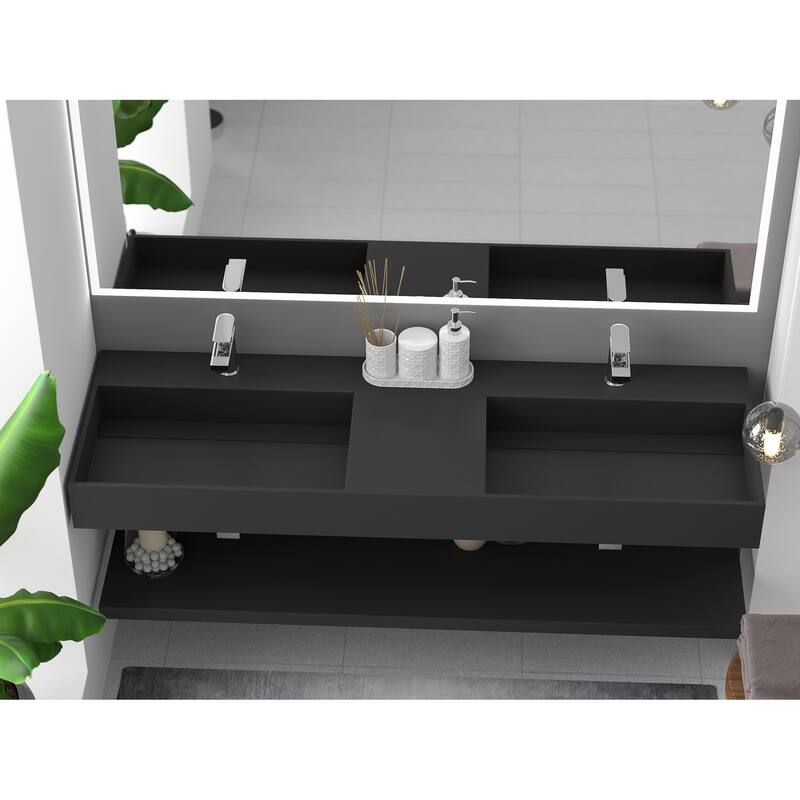 Juniper Stone Solid Surface Wall-mounted Vessel Sink - 60" - Black