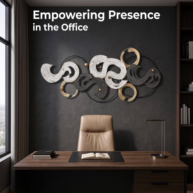 Black White Gold Spiral Metal Wall Art 53x25 Large Landscape Decor