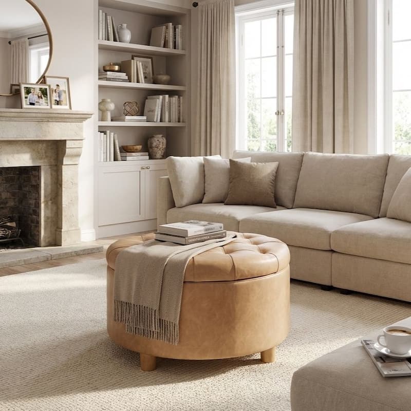 HomePop Button Tufted Round Storage Ottoman - Sand Faux Leather