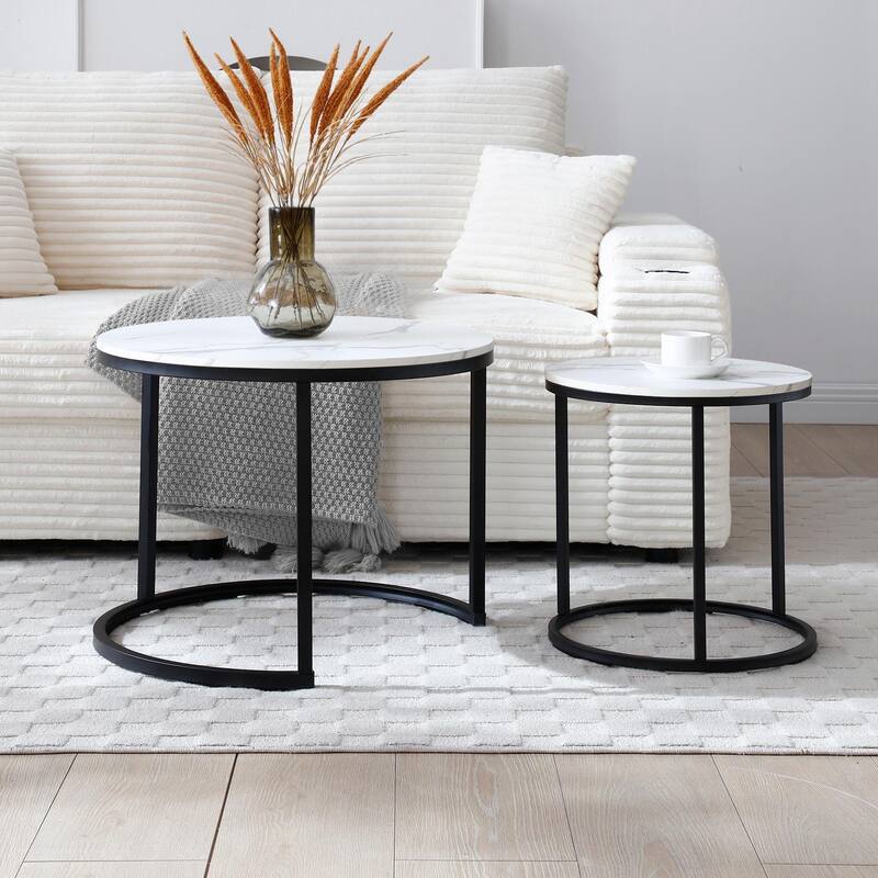 Modern Nesting Tables - Black Marble Round Set, Industrial Style - White