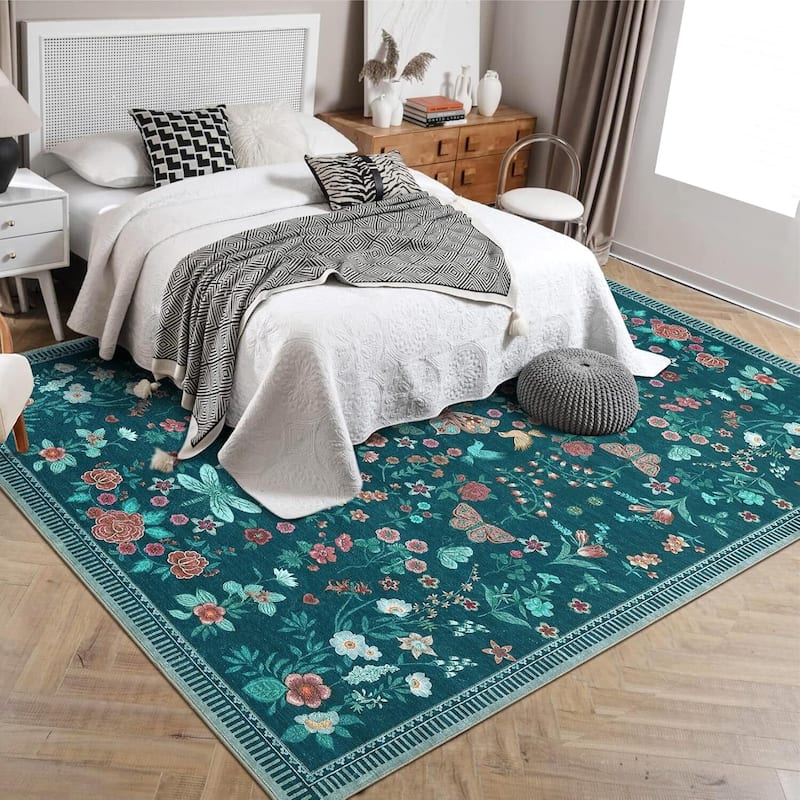 Modern Floral Machine Washable Indoor Waterproof Area Rug for Bedroom, Living Room, Dark Green - 2' x 3' - Green 10*13ft