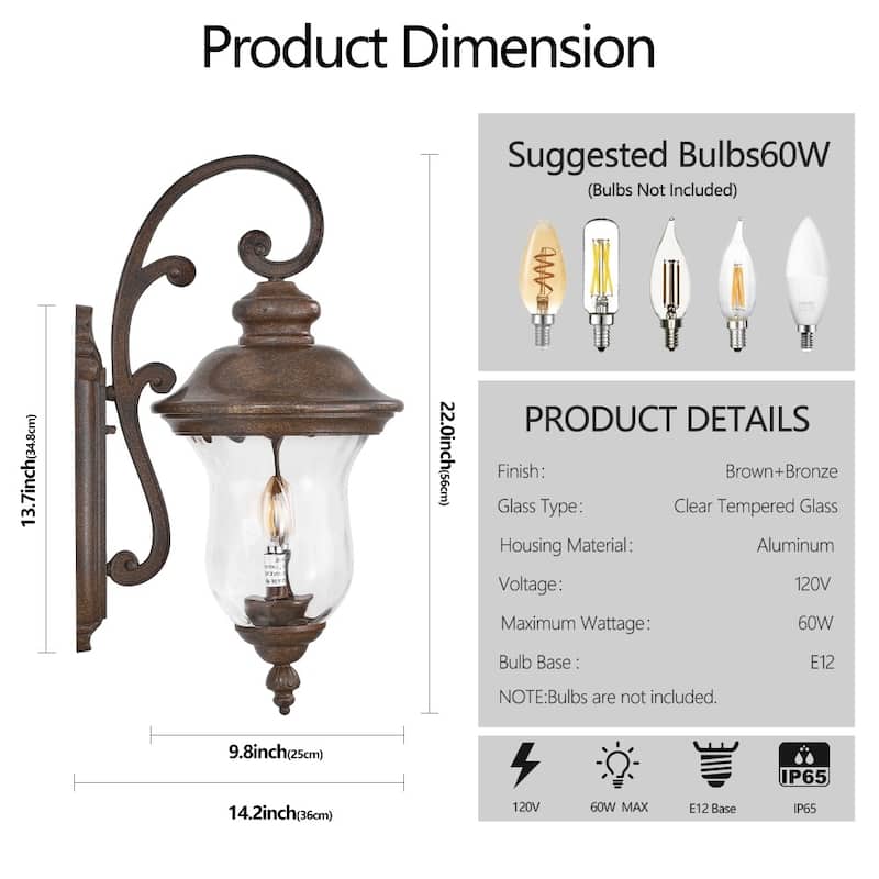 Rustic Outdoor Wall Sconce Light with Clear Glass Shade(No Bulb)