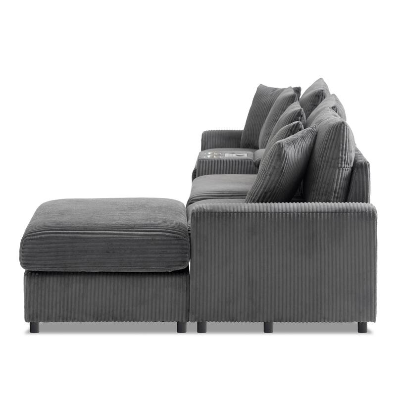 114" Corduroy L-Shaped Smart Sectional Sofa with Bluetooth Speakers, Charging Console and Cup Holders & Storage Ottoman