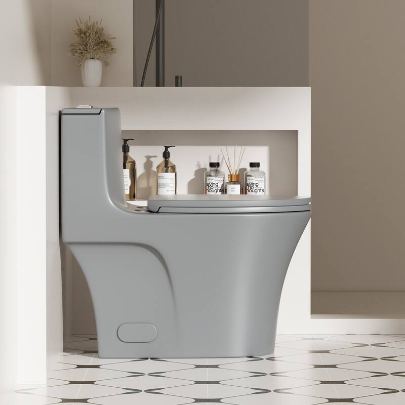 1.1/1.6 GPF Tornado Flush One-Piece Toilet Elongated, Siphonic S-trap 12",Soft Closing Seat, Button on Tank top - LIGHT GREY