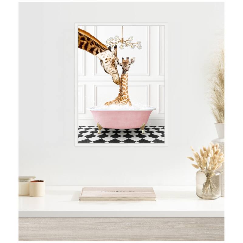 Kate and Laurel Sylvie Mother and Baby Giraffe in Pink Bathtub on Checker Floor Framed Canvas by Amy Peterson