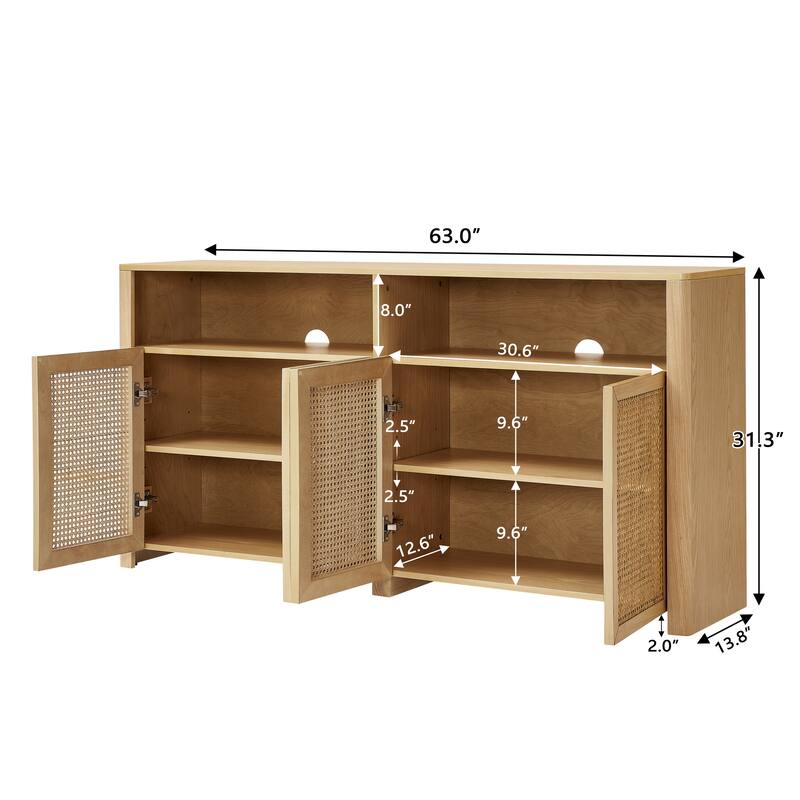 63" Rattan Sideboard Buffet Cabinet, Mid-Century Modern Credenza with Storage, Retro Coffee Bar & Wine Bar for Kitchen