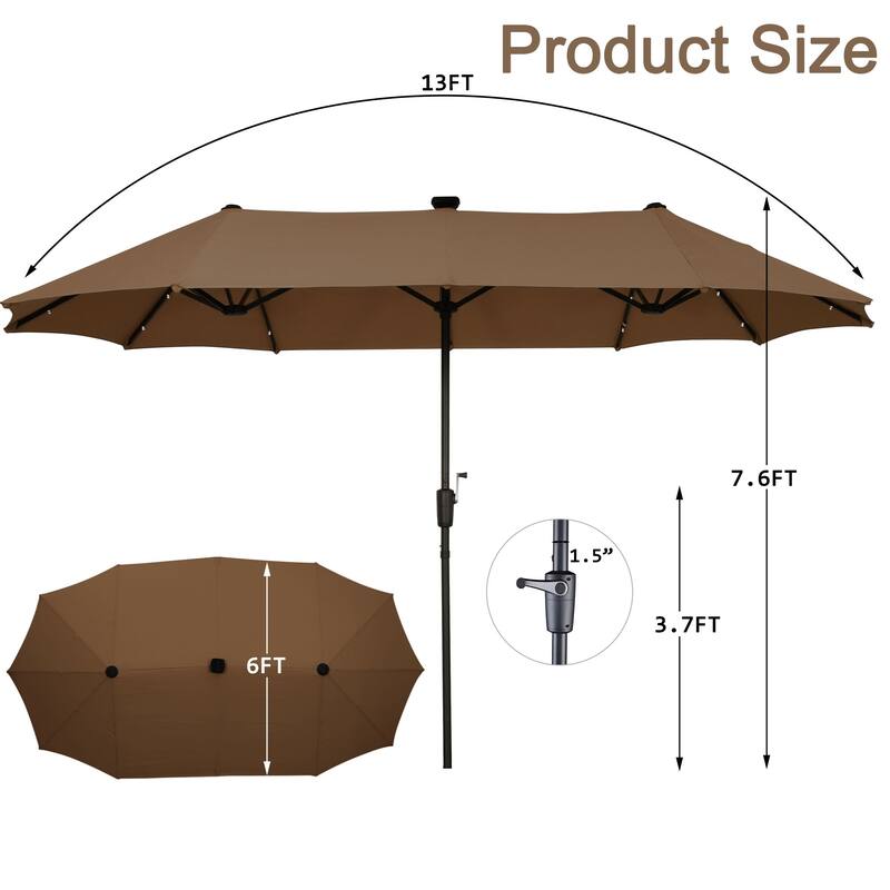 Ainfox 13ft Double-sided Patio Umbrella Solar LED Lighted Outdoor Martet Umbrella with Base