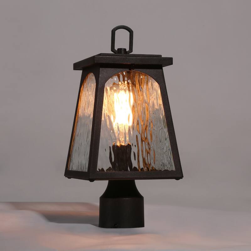 Modern Farmhouse 1-Light Outdoor Post Light Black Lantern with Water Ripple Clear Glass - W 6.7" x H 14.6"