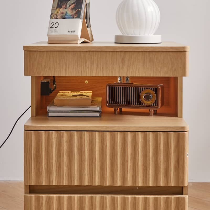 Modern Bedside Table with Gun Drawer,Bedside Table with Charging Station, 2 Drawers and Open Shelf,Side Table for Bedroom