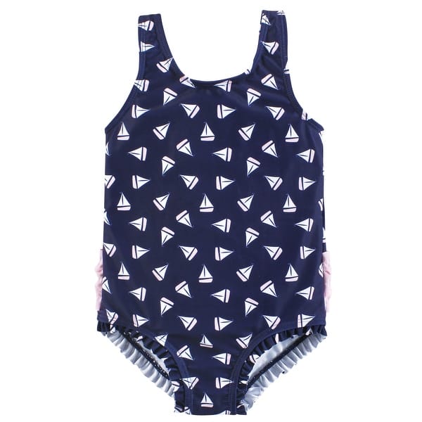 slide 1 of 1, Hudson Baby Girls Toddler Swimsuit, Navy Sailboats 2T - Navy Sailboats Toddler