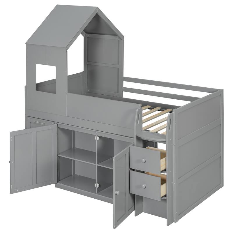 Roomfitters Twin Size House Loft Bed with Rolling Desk, Storage Cabinets and Staircase, All-in-One Space Saving Sleeper