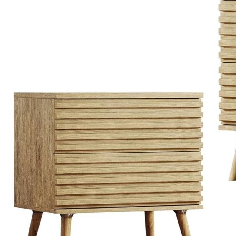 HomeRoots Set of Two 23" Natural Solid Wood Ribbed Texture Two Drawer Nightstand