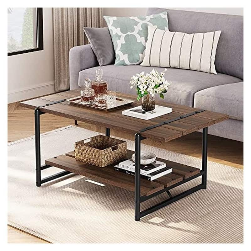 2-Tier Farmhouse 41'' Large Wood Coffee Table with Shelf - Black Walnut