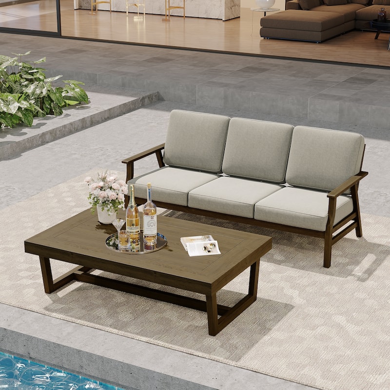 Modern Wood Outdoor Patio Sofa Loveseat with Cushion - Sofa Set - Light Camel