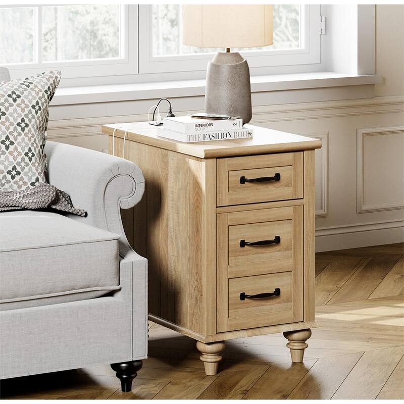 End Table with Charging Station, Side Table with Storage, Power Outlets & Type-C USB Ports for Living Room