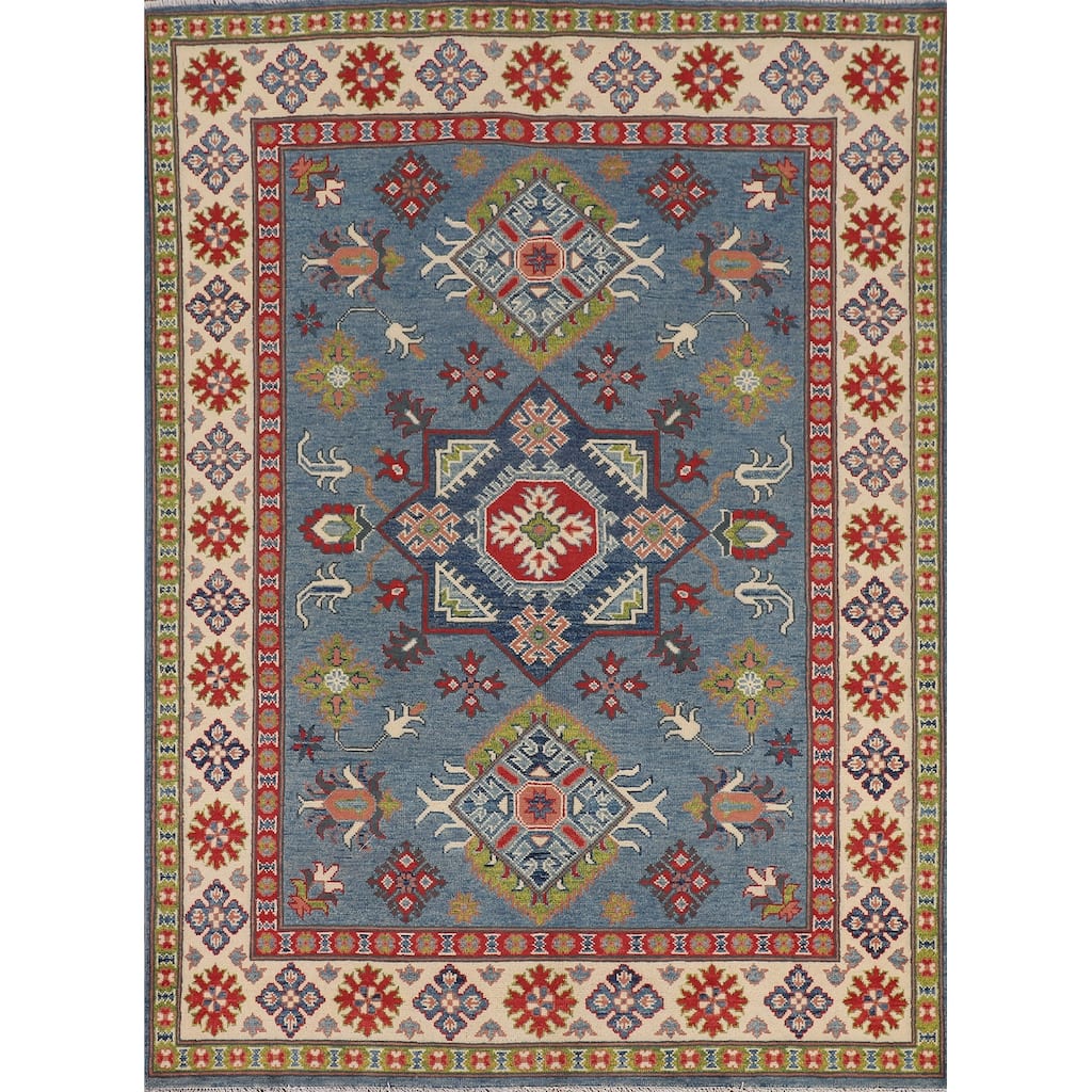 Blue Geometric Kazak Oriental Area Rug Handmade Oriental Wool Carpet - 4'11" x 6'9"