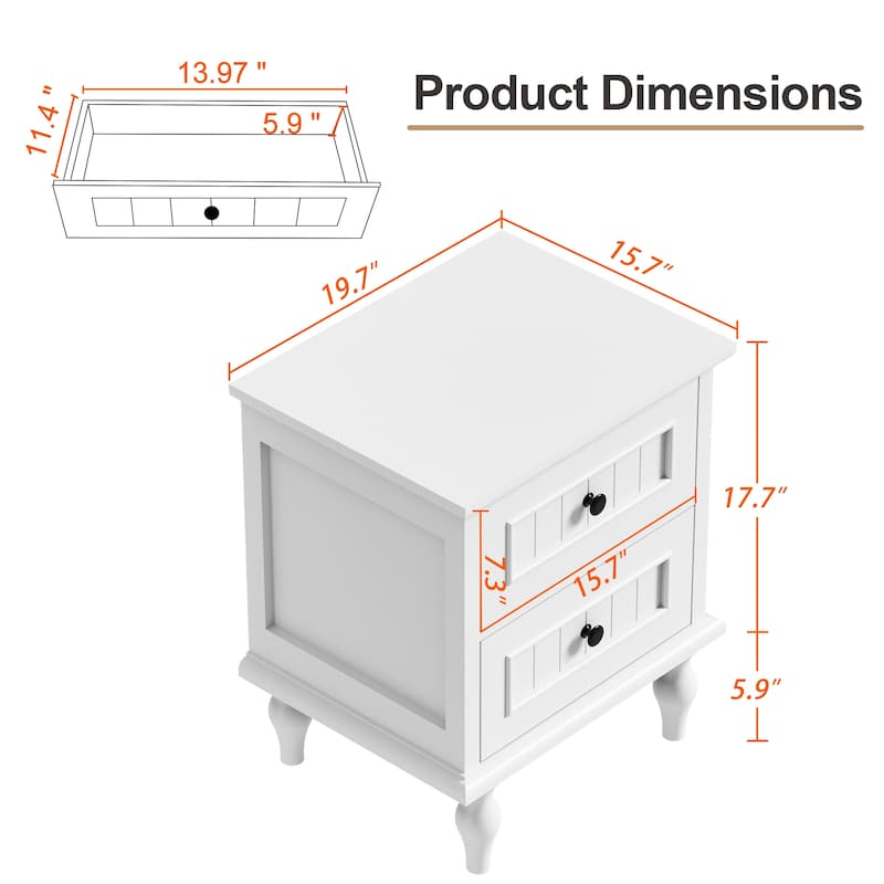 Retro Nightstand with 2 Drawers for Bedroom