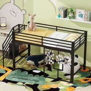 Twin Metal Low Loft Bed with Storage Staircase, Guardrails and Iron Mesh, Black