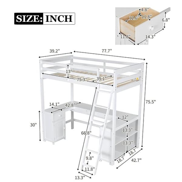 dimension image slide 1 of 4, Twin Size Loft Bed with U-shaped Desk, Drawers and Storage Shelves