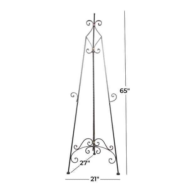 dimension image slide 0 of 2, Black Metal Tall Adjustable Floor Scroll Display Easel with Gold Accents