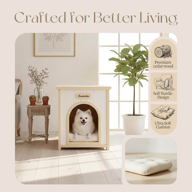 Lumicedar Flat Roof Pet House- FSC Solid Wood, Cream Yellow Indoor Shelter for Small Cats & Dogs