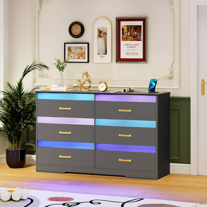 6 Drawers Dresser With LED Light and USB Port