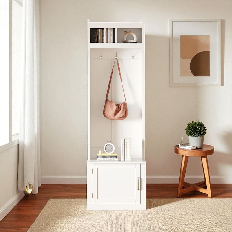 Slim Hall Tree with Cabinet & 6 Hooks, 23.6 W x 15.7 D x 78.7 H Entryway Bench, Narrow Coat Rack Organizer