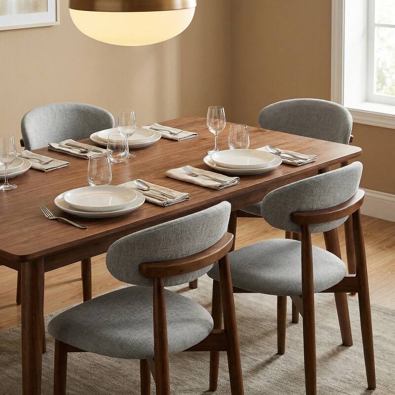 Wooden Dining Chairs Set of 2, Modern Fabric Upholstered Dining Room Chair with Curved Back, with Adjustable Foot Pads