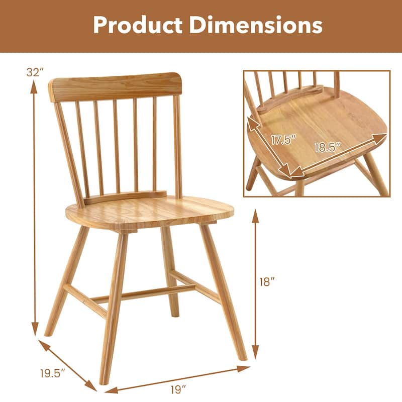 Set of 2 Solid Rubber Wood Dining Chairs with Ergonomic Back Wide Seat Compact for Small Spaces - 19.5" L x 19" W x 32" H