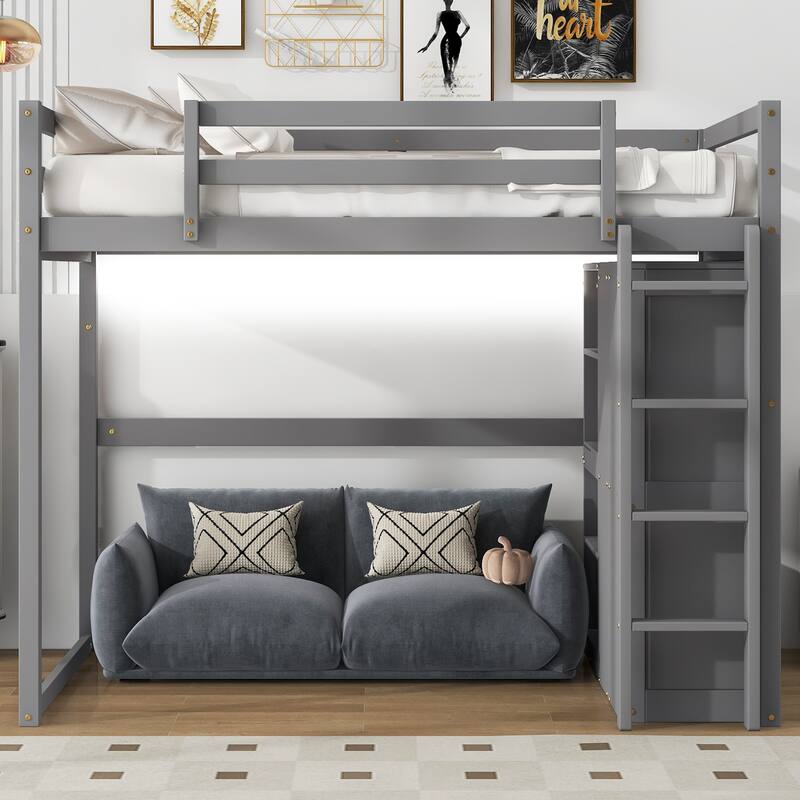Full Size Loft Bed with Built-in Wardrobe, Storage Shelves & LED Lighting, Space-Saving Gray Wood Design