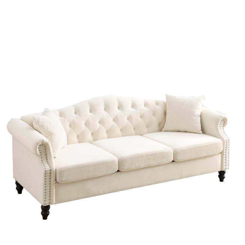Classic Chesterfield 3-Seater Velvet Sofa with Rolled Arms and Nailhead for Living Room