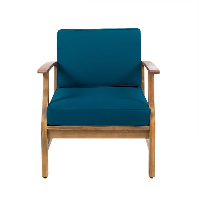 Christopher Knight Home - Malachi Acacia Wood Outdoor 3 Piece Chat Set with Slat Design - Teak Finish+ Blue Cushion
