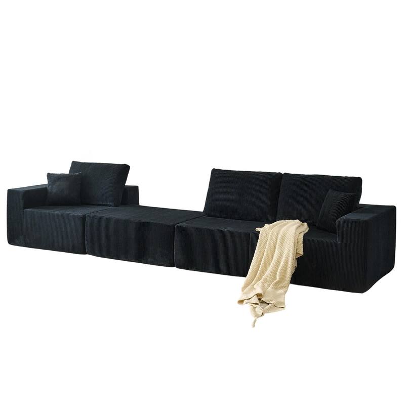 Modular L Shaped Sectional Sofa with Ottoman, Corduroy Boneless Cloud Sofa, 3 Seater Upholstered Sofa with 2 Pillows